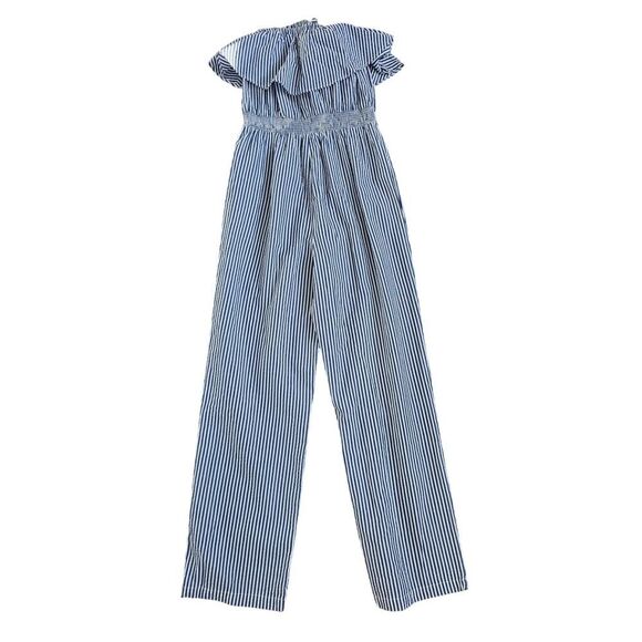 J.Crew XXS Seersucker Jumpsuit Blue White Striped Ruffle Sleeveless Cropped - Picture 3 of 8